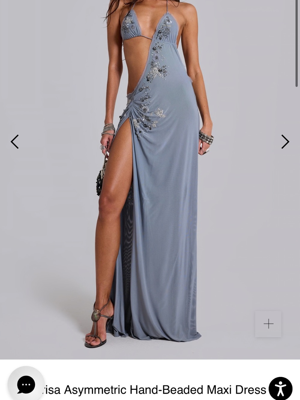Jaded London Brisa Dusty Blue Asymmetric Hand-Beaded Maxi Dress